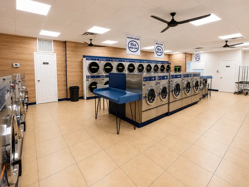 Bright, spacious interior of Laundry Hero with a central folding table, washers along the left wall and large-capacity machines on the right