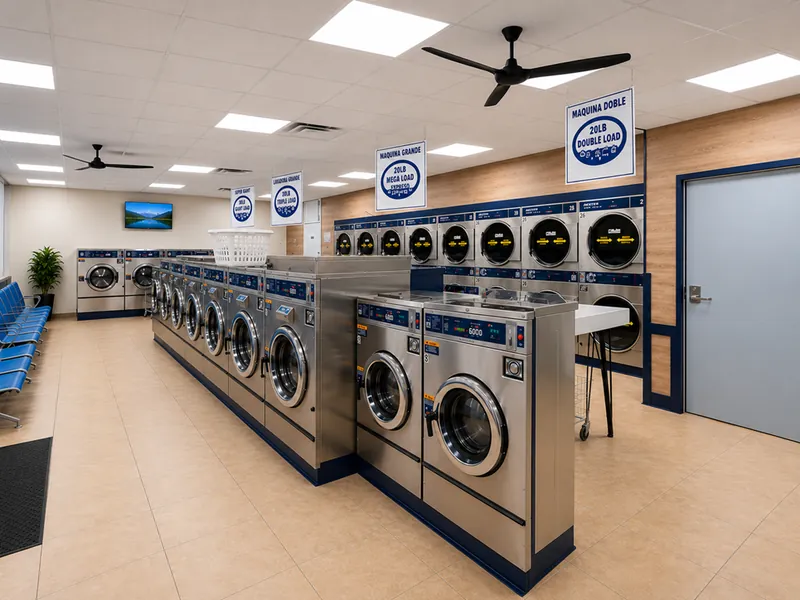 Wide view of the laundromat showing washers, a folding counter, a wall-mounted TV and blue seating in the waiting area